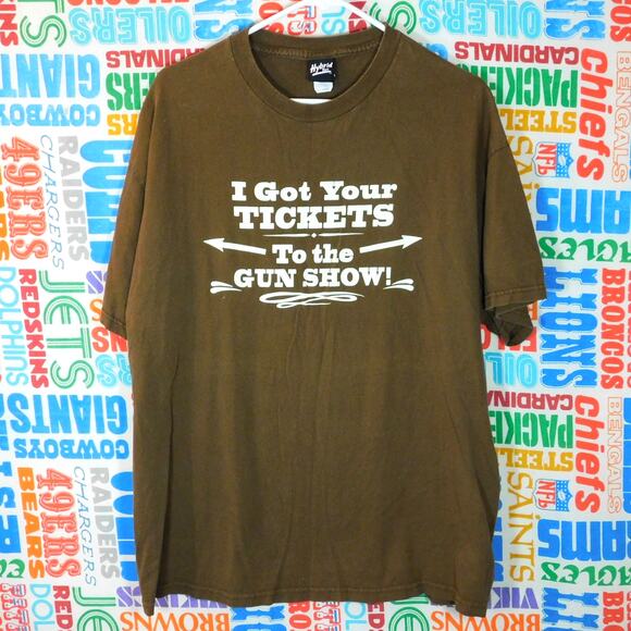 Y2K Hybrid Tees I Got Your Tickets To The Gun Show T Shirt Size XL Brown - Picture 1 of 4